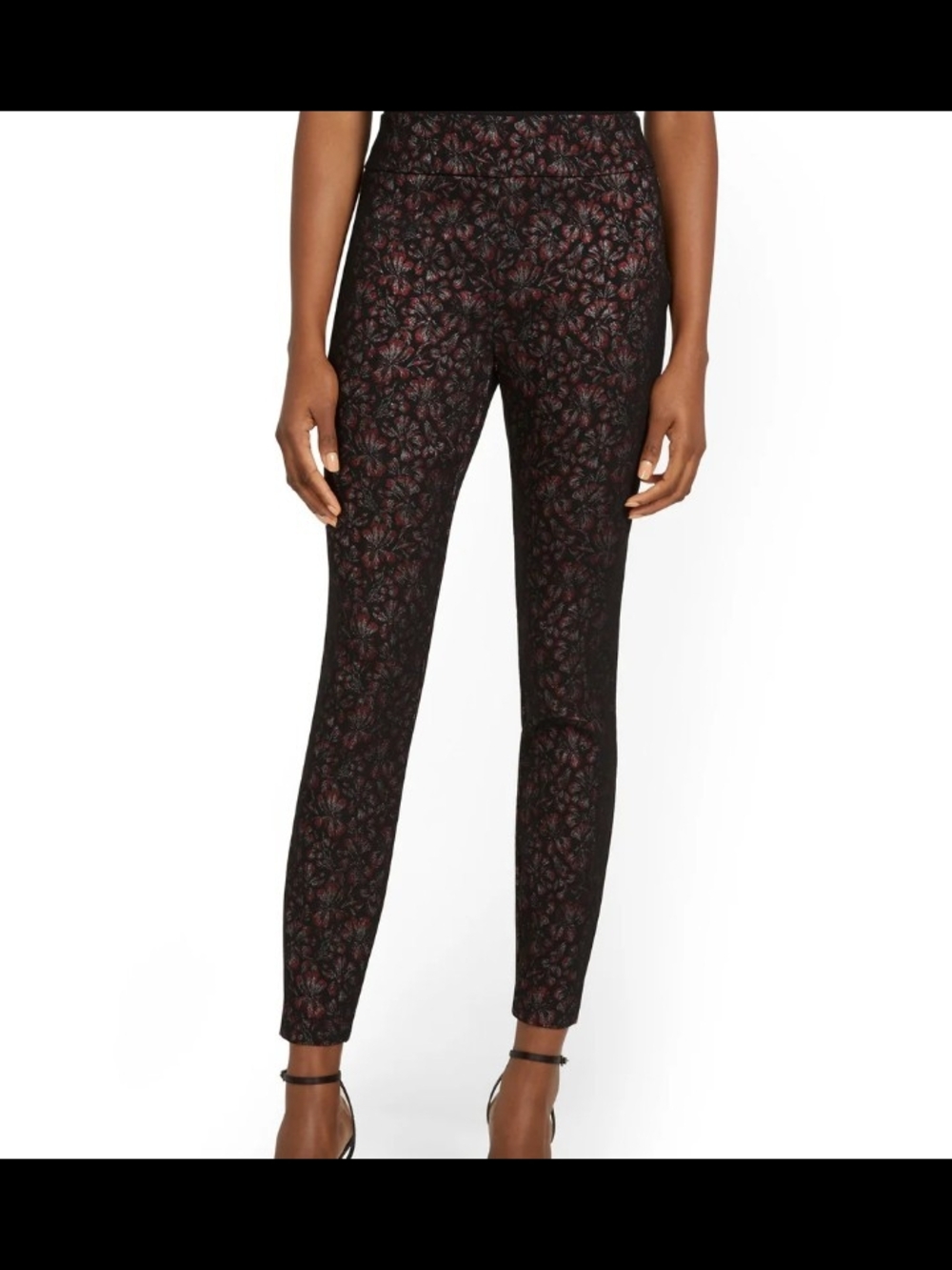 New York & Company Floral Jacquard Ankle Pants - Black/Burgundy SZ M